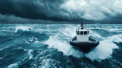 Tugboat navigating turbulent seas under dramatic stormy skies.