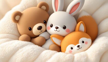 A whimsical illustration of a cuddly bear, bunny, and fox - symbolizing friendship and tenderness - ideal for children's books or baby shower invitations