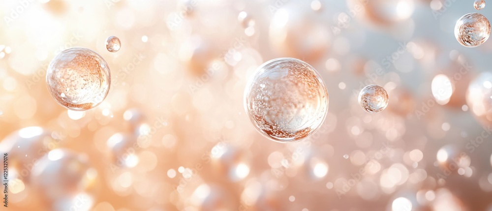Aufkleber floating spheres with internal bubbles on a soft orange and white bokeh background