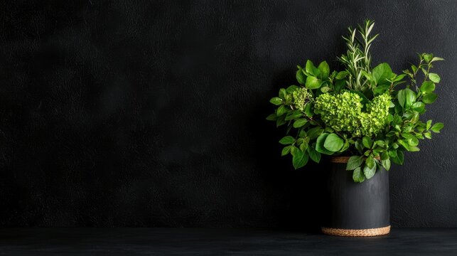 Lush green foliage arrangement in dark pot against black background; ideal for spring or nature themed designs