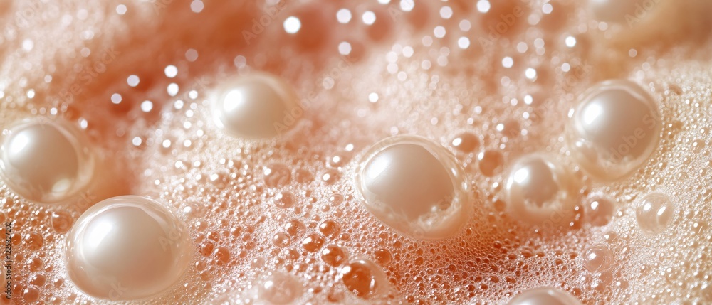 Poster close up of shiny bubbles on a peach colored surface with a soft bokeh effect background