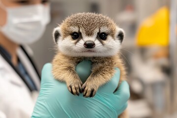 A veterinarian examining an injured animal, their gentle handling and focused expression conveying care and concern