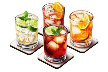 Colorful beverages served in ice-filled glasses, isolated on transparent or white background