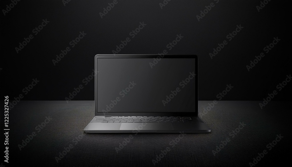 Poster all black minimal concept with blank black single material computer at abstract dark background. gen