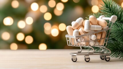 A hand-drawn shopping cart with pills sits prominently on a table, emphasizing medical products for convenient access in rural settings.