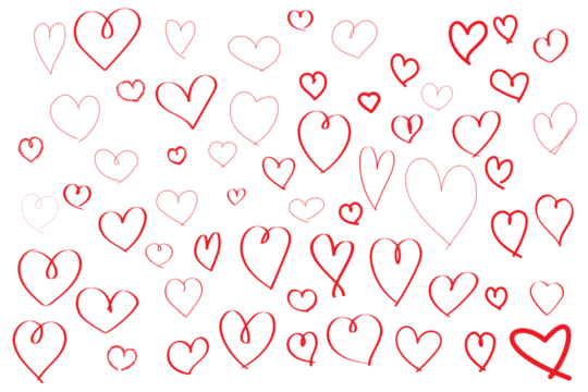 Hand drawn red heart doodles on white background. Romantic Valentine's Day pattern with various sketchy heart shapes. Love, wedding, and romantic design elements. Seamless vector illustration for card