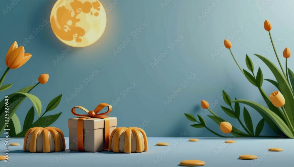 Poster a blue background with a large yellow moon and a box of gifts. the box is placed in the foreground a