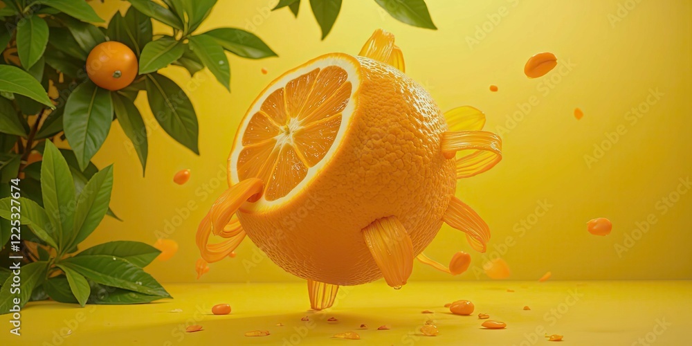 Poster a close up of an orange with a bite taken out of it. the orange is surrounded by a yellow background