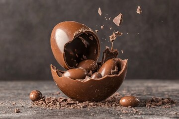 Cracked chocolate egg with scattered pieces and candy filling on a textured dark surface, symbolizing indulgence and sweetness