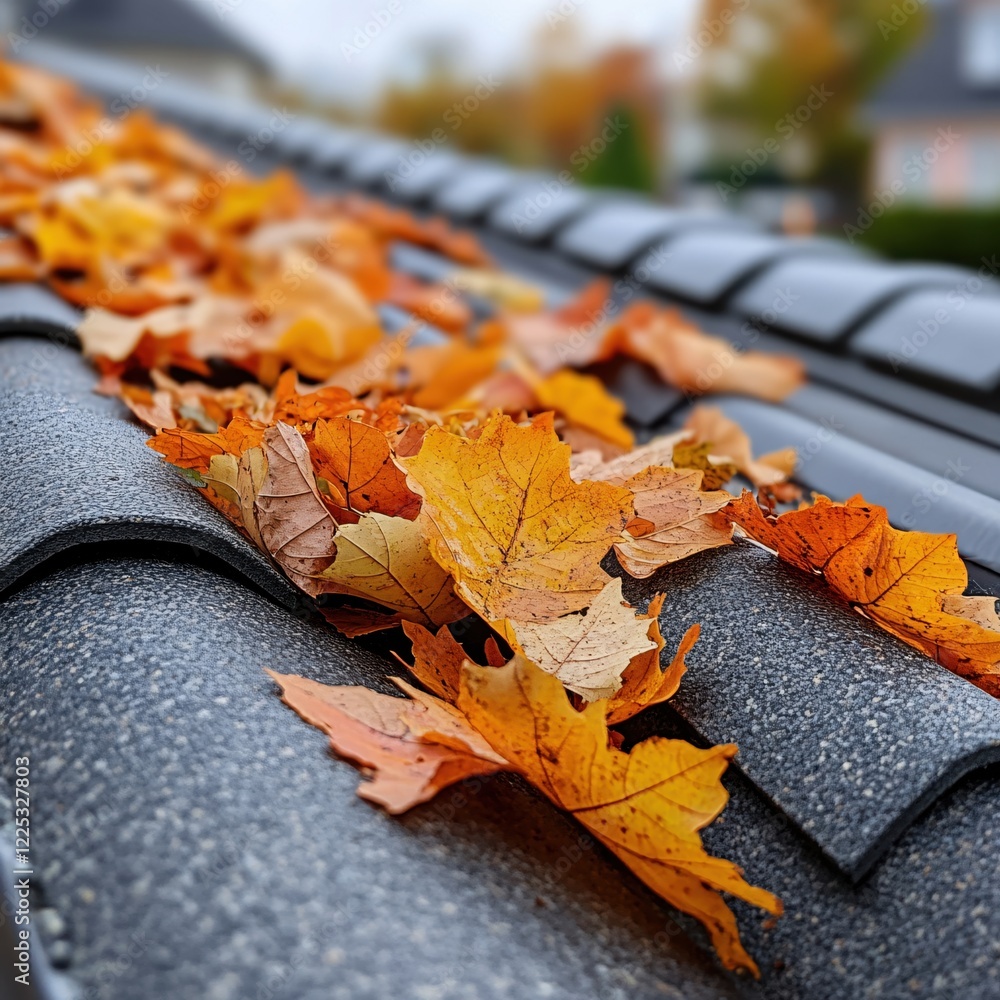 Poster autumn leaves on roof tiles creating a seasonal texture and pattern in soft light