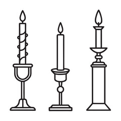 Set of candlestick line art vector icon illustration, candle, candle light on white background.