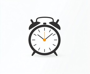 A simple black alarm clock illustration with a white face, black hands, and an orange second hand, set against a minimalist background.