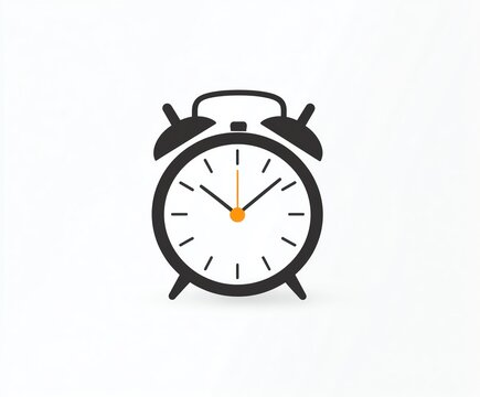 A simple black alarm clock illustration with a white face, black hands, and an orange second hand, set against a minimalist background.