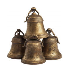 Four vintage bronze bells stacked elegantly together, isolated on transparent or white background