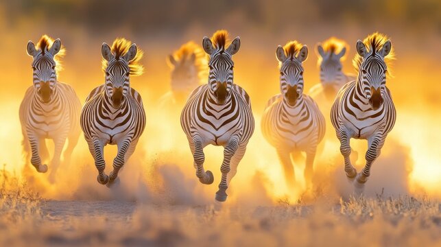 Herd of zebras galloping through golden dust at sunset in the savannah, showcasing their striking black and white stripes