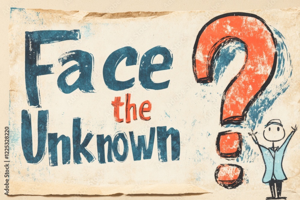 Poster a vintage-style poster of a person standing in front of a looming question mark, with muted tones an