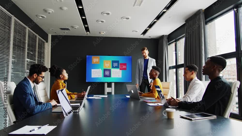 Poster team collaborates during business presentation in modern conference room with interactive display
