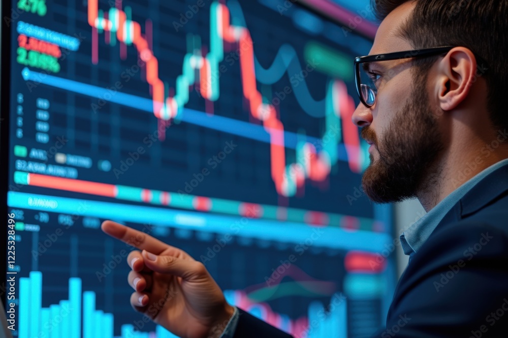 Poster professional financial analyst utilizing advanced data analytics tools to monitor stock market trend