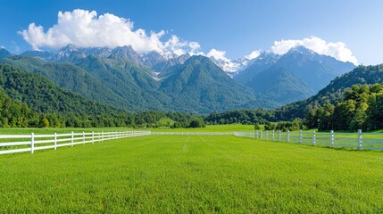 Fototapeta premium Green pasture, white fence, mountain backdrop, sunny day, landscape photography