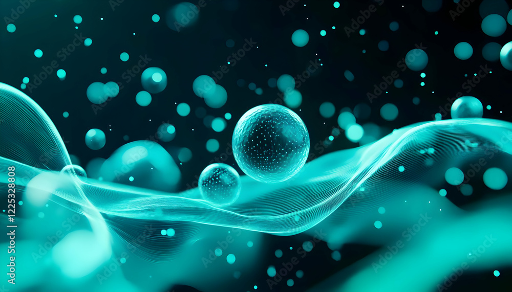 Poster abstract visualization of particles and waves, featuring vibrant teal colors in a dynamic digital en
