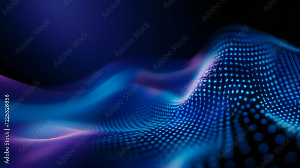 Poster abstract wave of vibrant blue dots creating a dynamic digital landscape in a futuristic style.