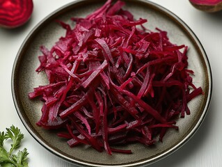 Fototapeta premium Fresh shredded beets garnished with herbs served on a rustic plate in a bright kitchen setting during daylight hours