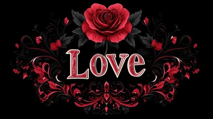 Striking Black and Red Design Featuring a Beautiful Rose with the Word Love in Bold Artistic Font
