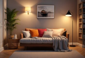 Cozy reading corner with plush pillows and a floor lamp, soft focus, neutral colors, bookshelf