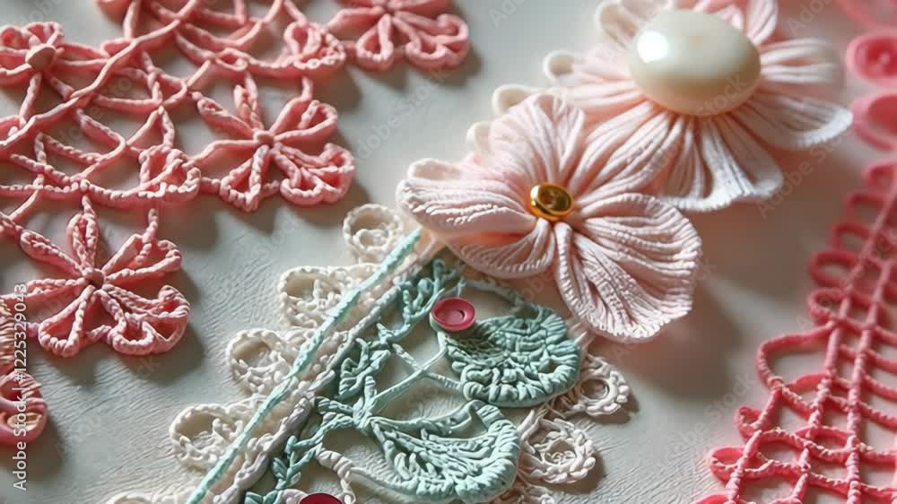 Poster a pink, orange, and blue lace with a bunch of buttons on it. the buttons are of different colors and