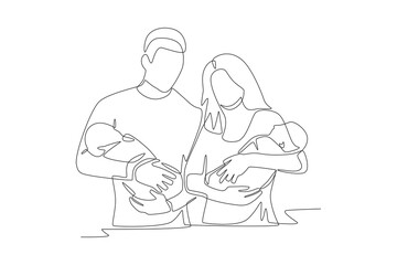 A family with a newborn baby concept one-line drawing