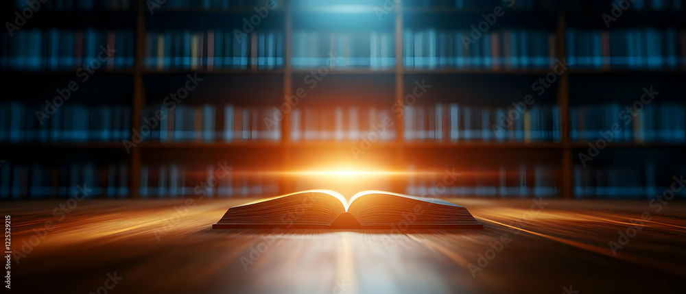 Poster An open book on a wooden table illuminated by warm light, symbolizing knowledge and exploration in a library setting.