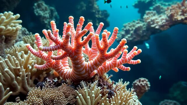 A coral with many small white and orange spots. The coral is in the ocean. The coral is very colorful