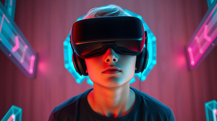 Metaverse Technology concepts. Teenager play VR virtual reality goggle and experiences of metaverse virtual world on colorful background. Visualization and simulation, 3D, AR, VR, Innovation 