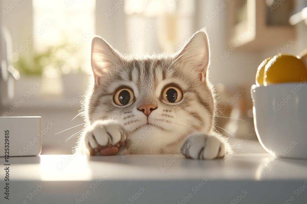Poster A whimsical 2D drawing of a cat hesitating to jump off a counter, its paw extended mid-air and its face showing uncertainty, with a white background emphasizing its expression