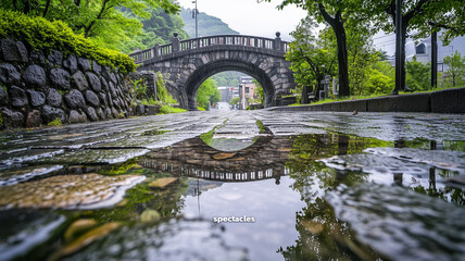 水たまりに映る長崎・眼鏡橋、雨上がりの美しい情景