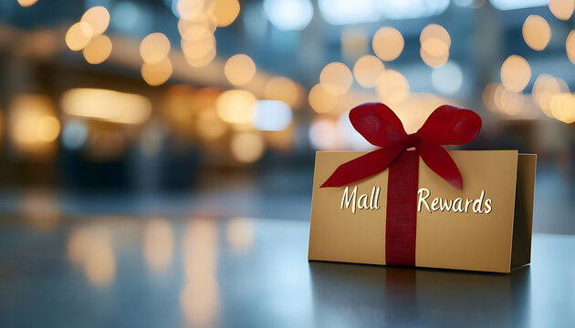 A beautifully wrapped rewards card with a red bow, representing loyalty and customer appreciation in a shopping mall.