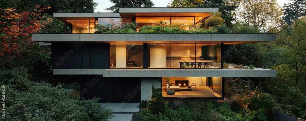 Poster modern architectural design with surrounding greenery and light.
