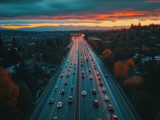 Evening traffic flows along highway under dramatic sunset sky with distant mountain range