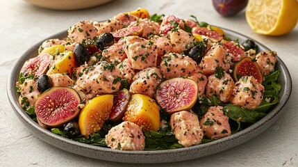Fototapeta premium Salmon, fig, olive salad; healthy recipe; kitchen setting