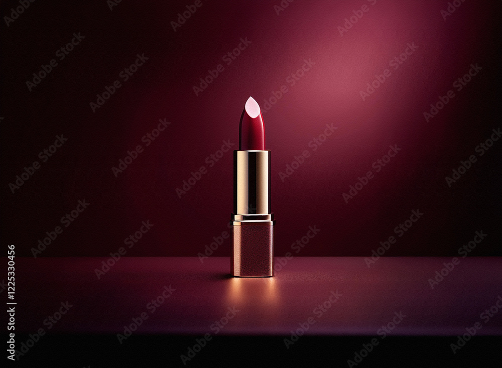 Poster a single tube of dark red lipstick with a gold casing stands upright on a dark maroon surface, illum