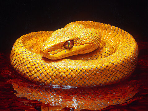 a yellow python coiled in a dark environment, with its glossy scales reflecting light and a striking red eye visible.