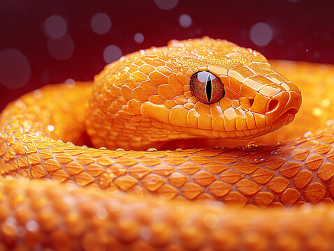a yellow python coiled in a dark environment, with its glossy scales reflecting light and a striking red eye visible.