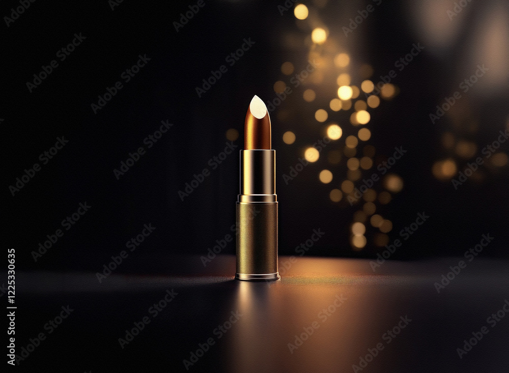 Poster a single gold lipstick stands on a dark surface, illuminated by warm, bokeh lights. its elegant desi