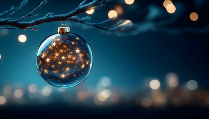 A beautiful Christmas ornament with glowing stars hangs delicately from a branch, creating a festive atmosphere.