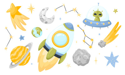 Vector set on the theme of space. Cartoon sci-fi space set. Vector illustration of space. Set of color clipart, UFO, rocket, stars and planets, comet and meteorite on a white background