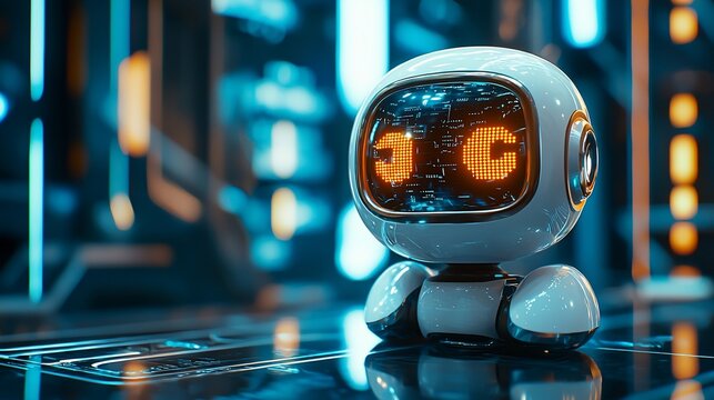 Futuristic robot displaying binary code in a neon-lit server room; used for AI, technology, and innovation concepts
