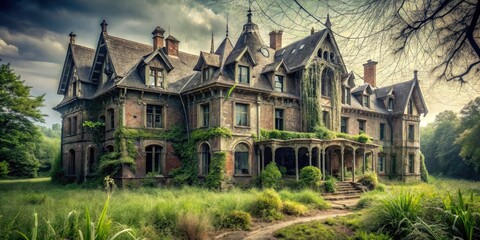 Obraz premium Creepy abandoned mansion with cobwebs and overgrown gardens in the foreground, broken windows, mansion, decayed, cobwebs