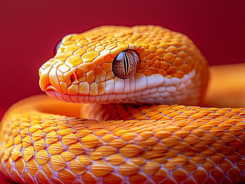 a yellow python coiled in a dark environment, with its glossy scales reflecting light and a striking red eye visible.