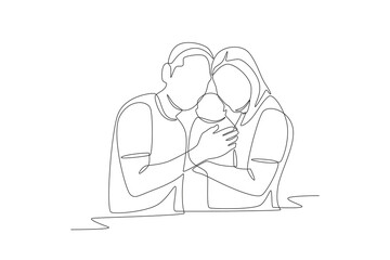 A family with a newborn baby concept one-line drawing