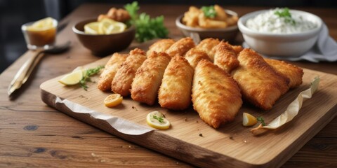 Crispy golden brown battered fish on a wooden table , servingware, golden brown,